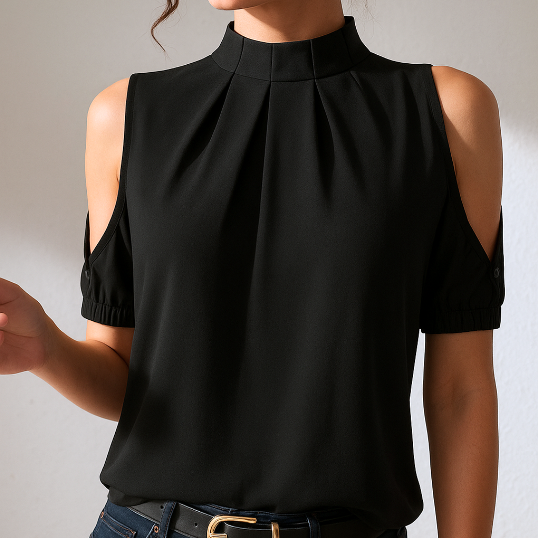 Mira | Zwarte Geplooide Blouse Met Gespleten Mouwen