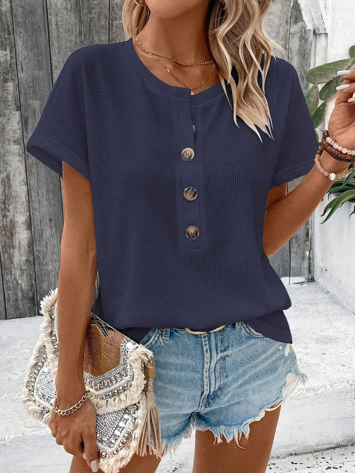 Cate | Henley T-Shirt Met Korte Mouwen