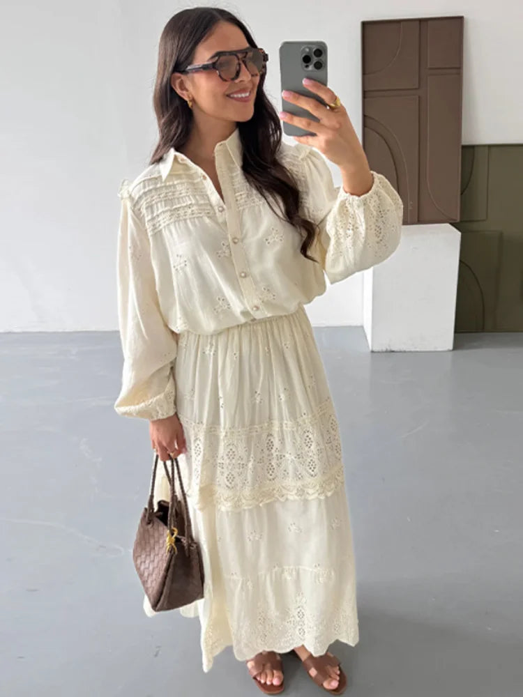 Élise | Broderie Midi Jurk van Luchtig Katoen