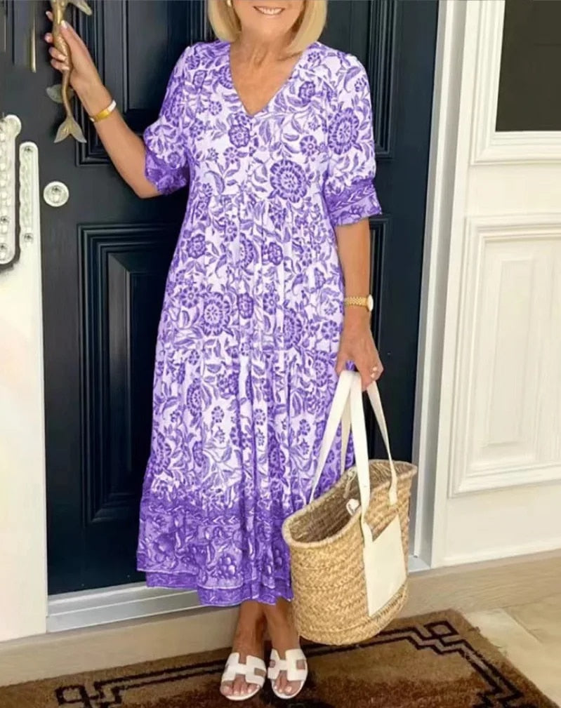 Lana | Elegante Maxi-Jurk Met Bloemenprint En V-Hals