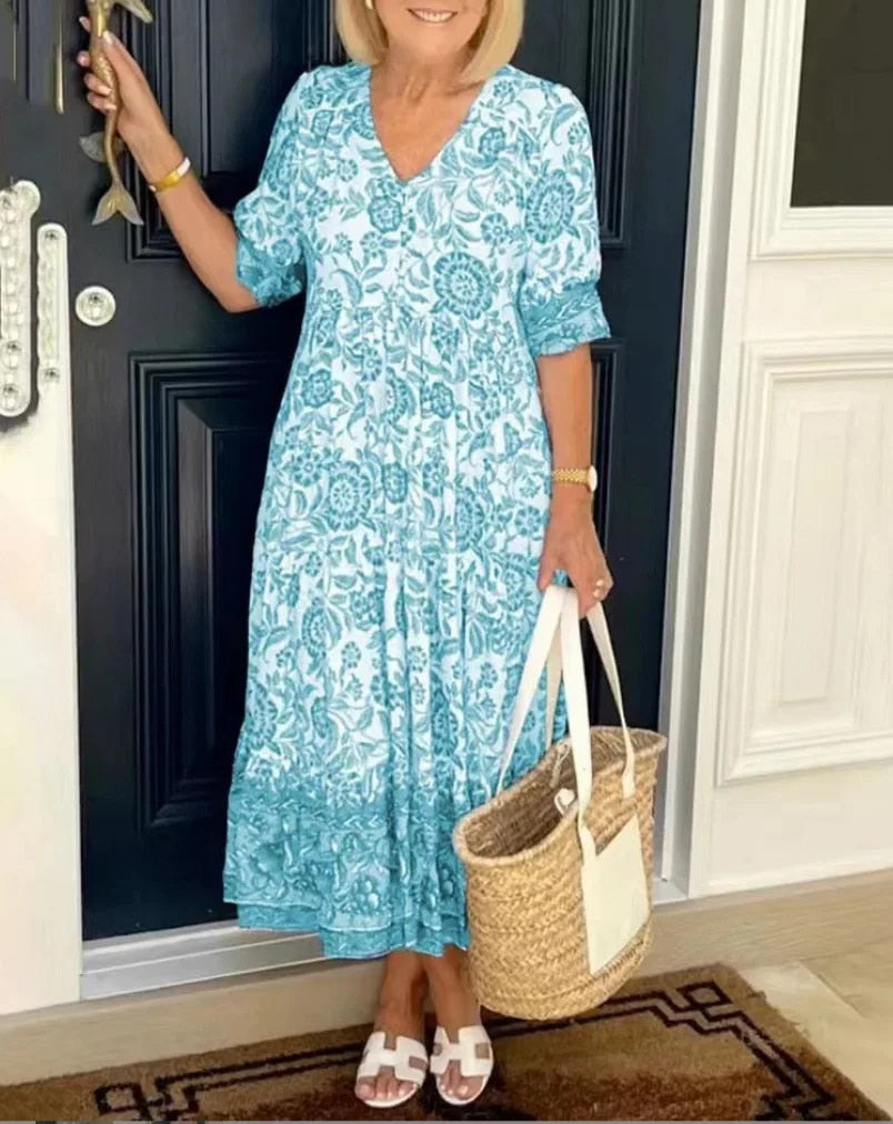 Lana | Elegante Maxi-Jurk Met Bloemenprint En V-Hals