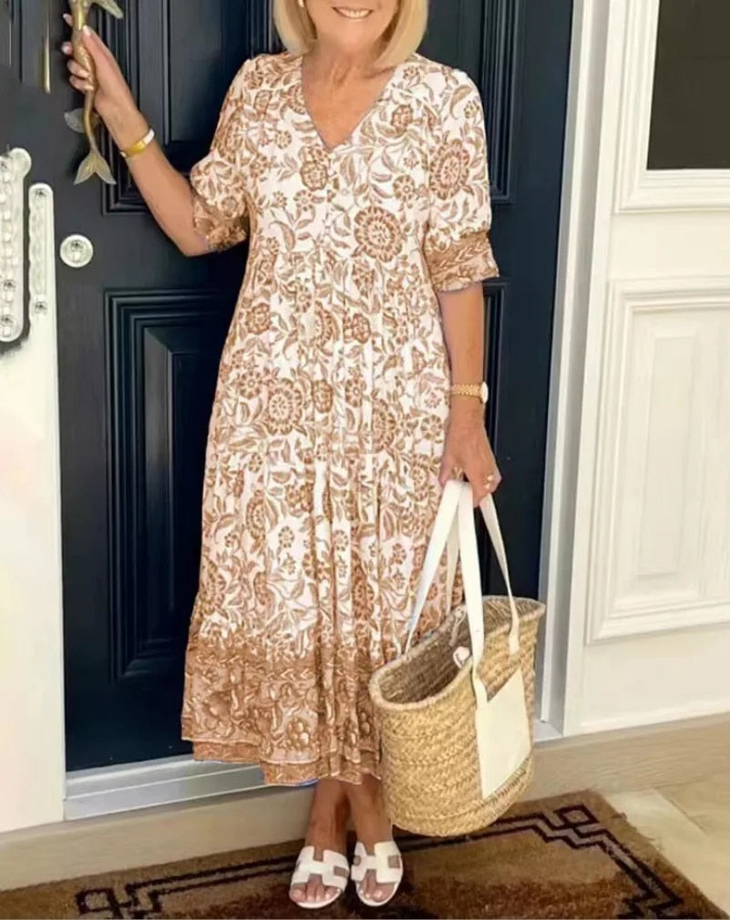 Lana | Elegante Maxi-Jurk Met Bloemenprint En V-Hals