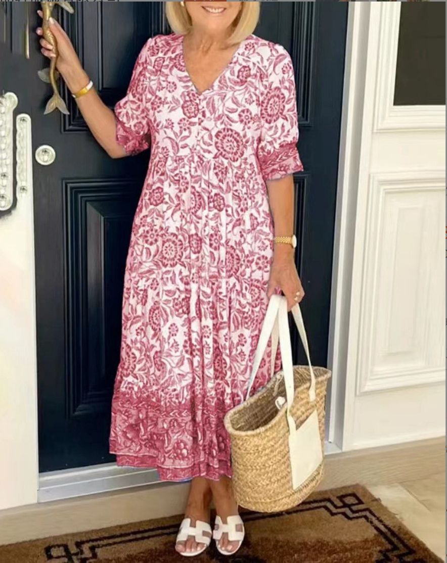 Lana | Elegante Maxi-Jurk Met Bloemenprint En V-Hals