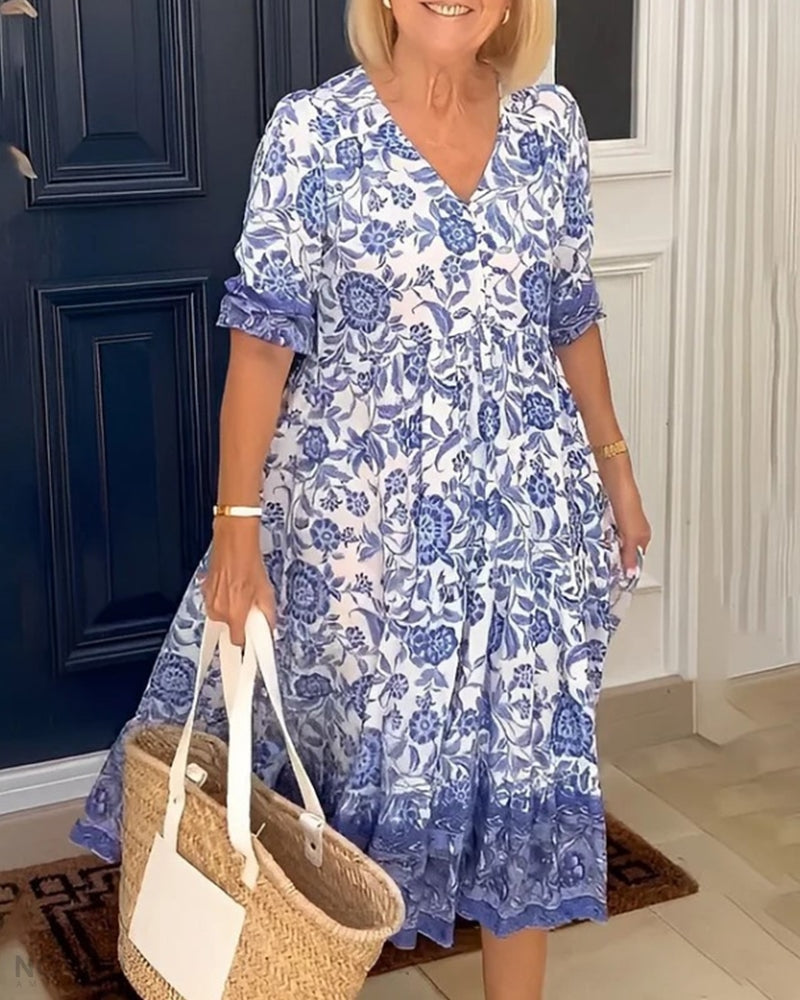 Lana | Elegante Maxi-Jurk Met Bloemenprint En V-Hals